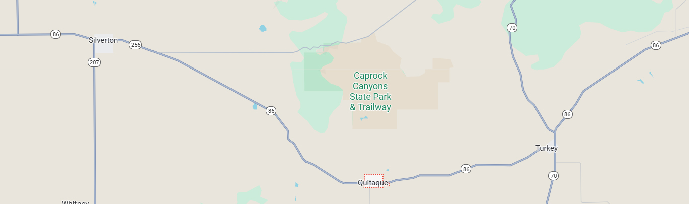 Silverton is 17 miles West, and Turkey is 10 miles East of Quitaque.